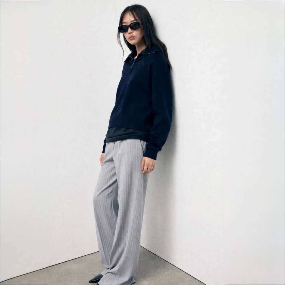 ZARA Tailored Pinstripe Wide Leg Trousers Light Grey High Rise Women’s S